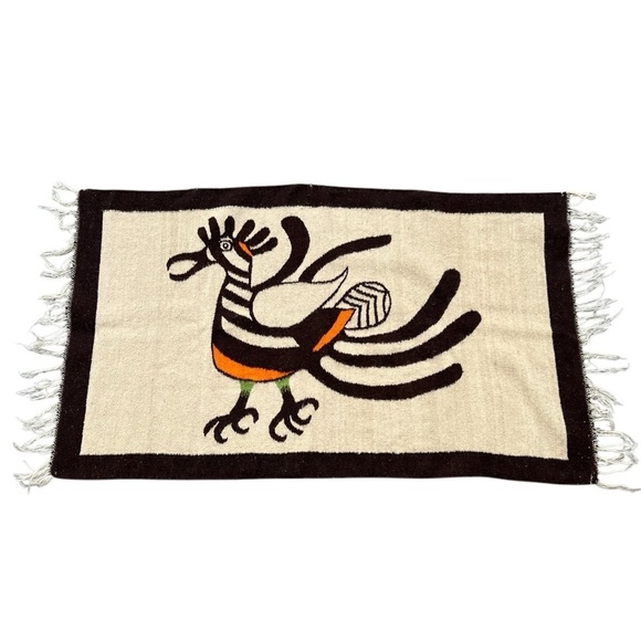 Vintage Southwestern Aztec Wool Bird Tapestry Rug Natural Fibers Fringe 32x56 - Picture 1 of 14